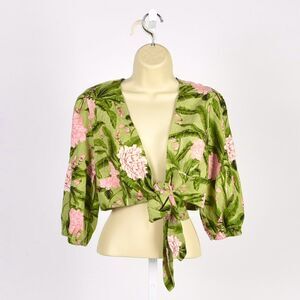 Aguabendita Peony Flowers Green Tie Top Blush Linen Blend Size M - NWT